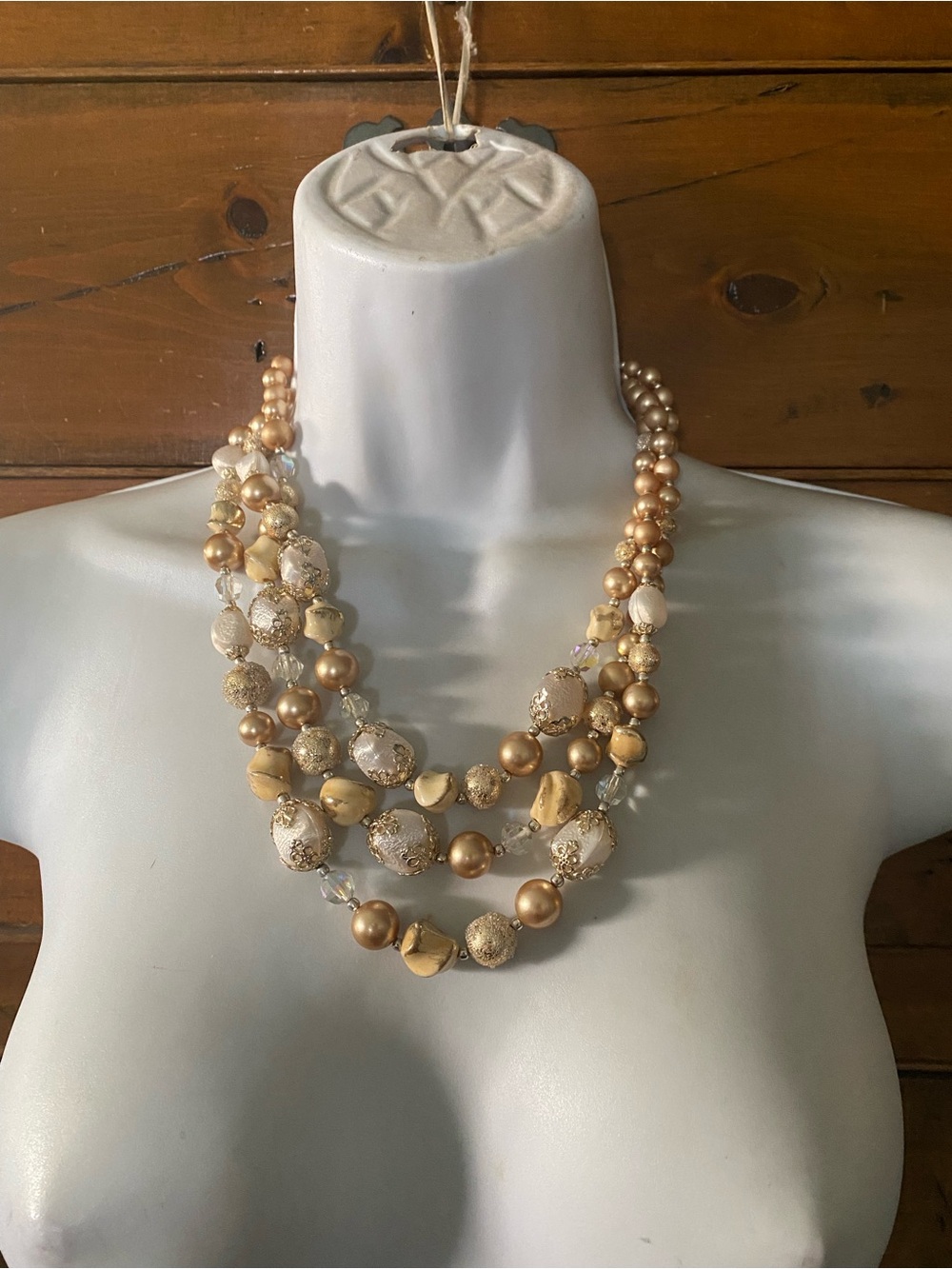 (INBOX 1)Vintage Multi-Strand Gold and Cream Beaded Necklace - Women Jewelry